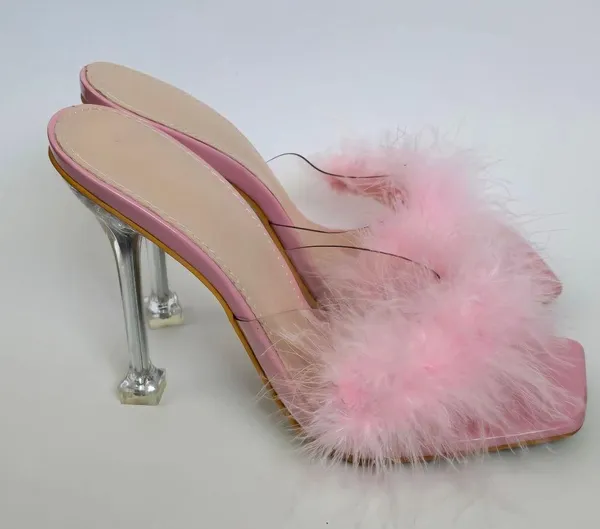 Pink Fluffy Feather PVC Stilletto Mule Heels Size 39 - Image 3