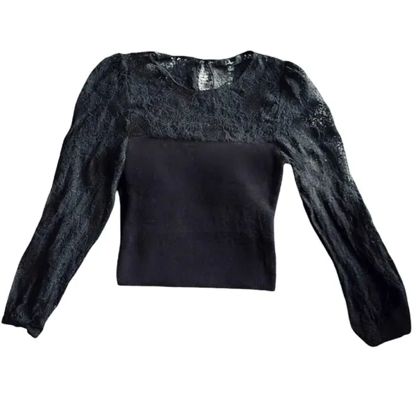 Lulus Long Sleeve‎ Top Women Black Lace Ribbed Knit Elegant Chic Size M - Image 2