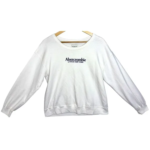 Abercrombie & Fitch Soft AF White Fleece Black Logo Long Sleeve Sweatshirt Sz L - Image 2