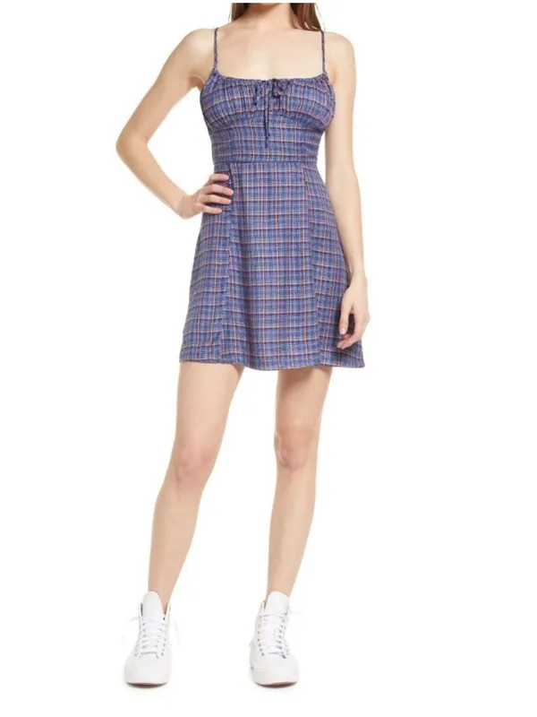 $69 Urban Outfitters Kamaryn Tie Front Plaid Mini Dress NWOT in Blue S - Image 2