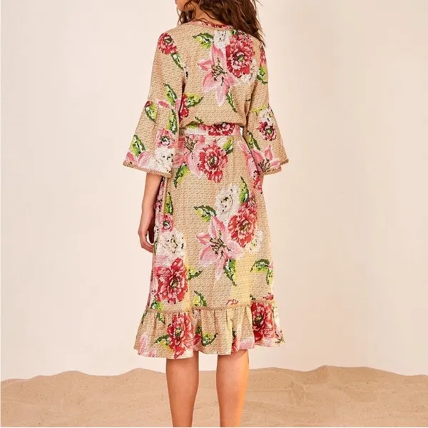 Farm Rio Floral Ruffle Beaded Tassels Belt‎ Slip-On Dress Size XS - Image 6