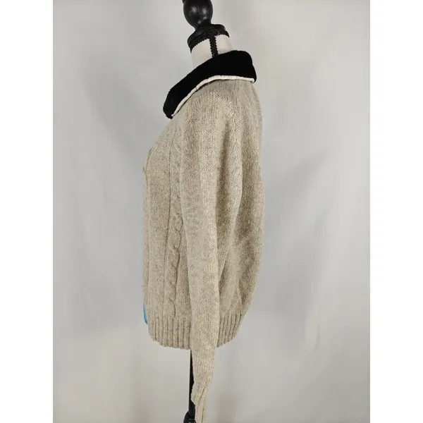 Women's Cable Knit Cardigan Sweater Cream Faux Fur Collar Open Front - Image 3