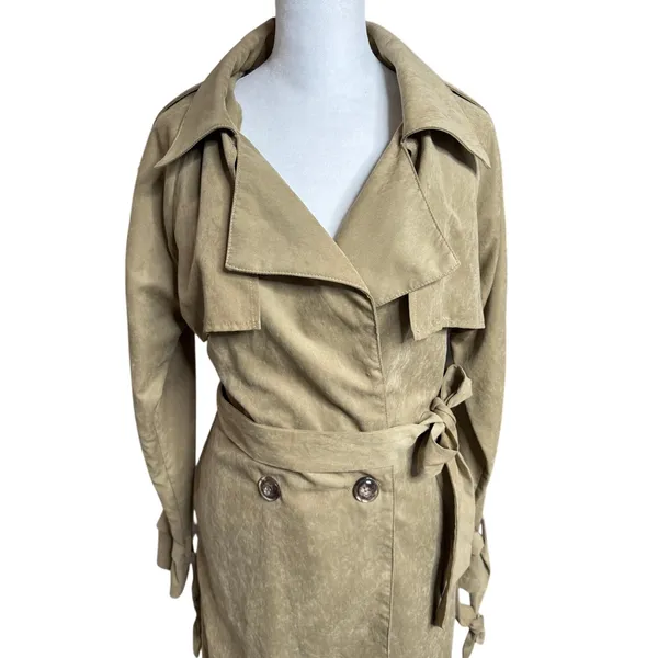 boohoo Tan Faux Suede Trench Coat M NWT Oversized Belted Minimalist - Image 4