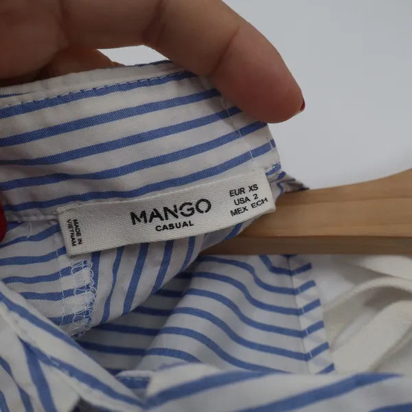 Mango Casual Blue White Striped Cotton Tie Back Short Sleeve Blouse Size 2 XS - Image 2