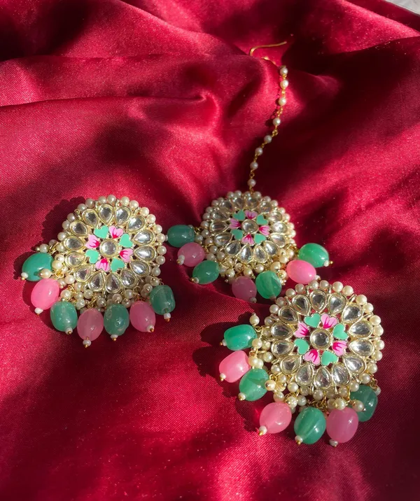 Pink and Turquoise Earrings with Tikka - Image 5