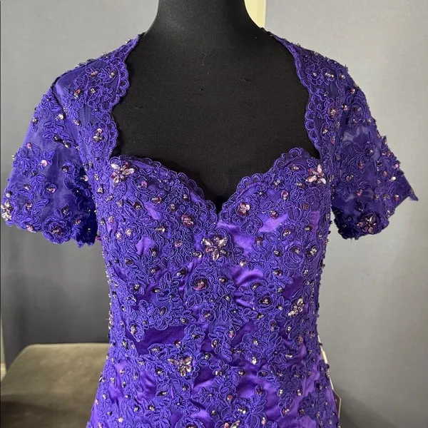 Women’s Purple Short Sleeve Formal Dress Lace Appliqué Zip Up Back Size 8 NWT - Image 2