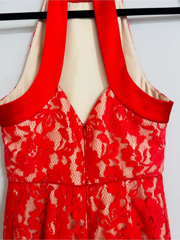 ABS Allen Schwartz Red Floral Lace Halter Dress Sheath Cocktail Wedding Guest 4 - Image 14
