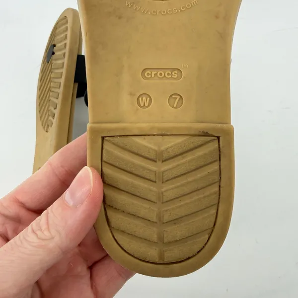 Crocs Tulum Toe Post Sandal Black Tan Women 7 Strappy Slip On Flip Flop Buckle - Image 10