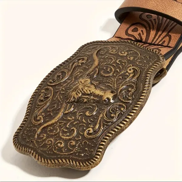 Western Bull Head Buckle Unisex‎ Belt Vintage Embossed Brown PU Leather Belt - Image 8