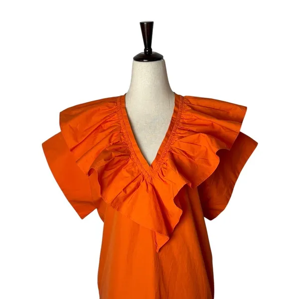 Tela Dress Women XS Orange Cotton Poplin Ruffle V-Neck Cap‎ Sleeve Shift Mini - Image 4