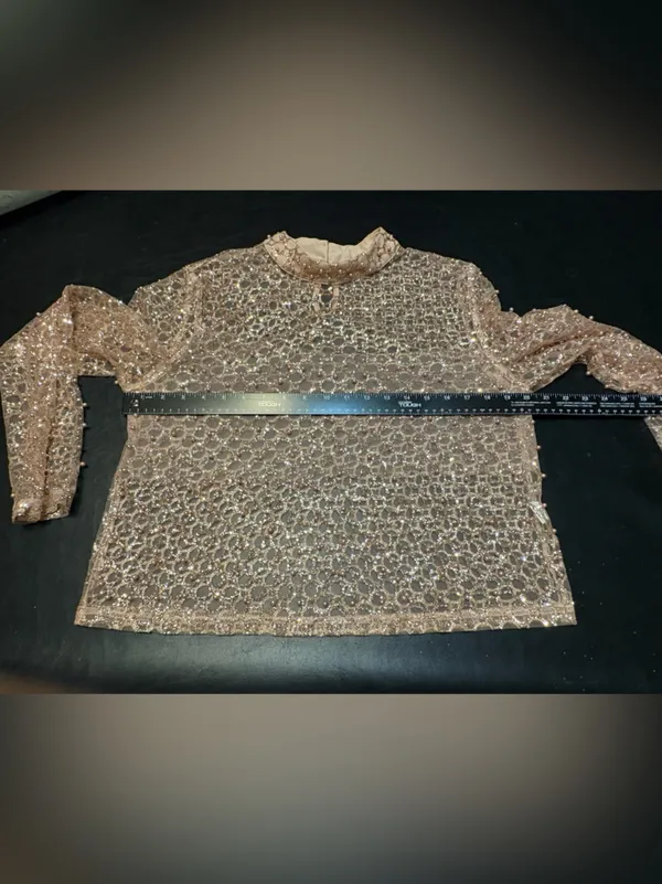 Anthropologie Blue Tassel Sheer Pearl Embellished Glittery Top size Large - Image 10