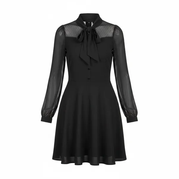 Hell Bunny Black Gothic Mock Neck Bow Long Sleeve Flare Dress Size L NWT - Image 2