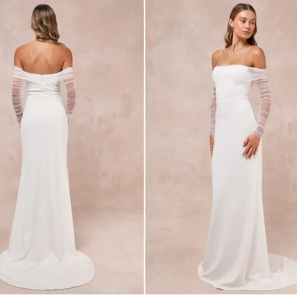 LULU's Beautifully Beloved White Mesh Off-the-Shoulder Bridal Gown NWOT - Image 2