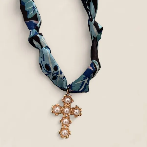 Source Unknown Blue Floral Scarf Cross Necklace Boho Hair Scarf Necklace - Image 3
