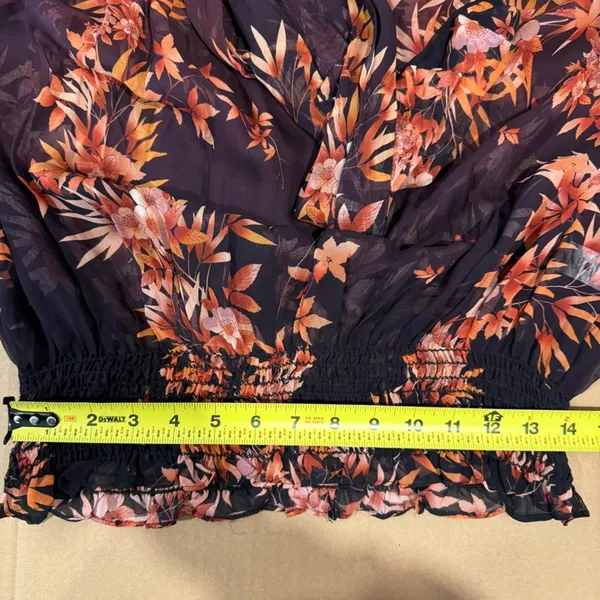 🍁 Warm New York‎ Floral Semi Sheer Neck Tie Blouse Burgundy Long Sleeve Elastic - Image 14
