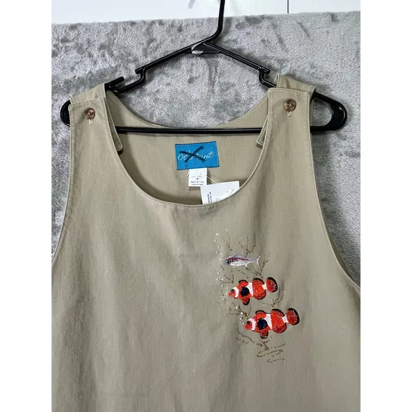 Vintage Overall Dress Embroidered Tropical Fish Pinafore Coastal Cottagecore Med - Image 2