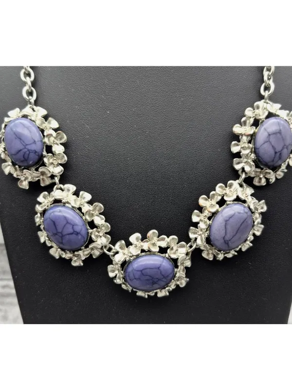 Silver-Tone Necklace W/ Purple Marble Stones & Floral Accents 21" Chain Length - Image 7
