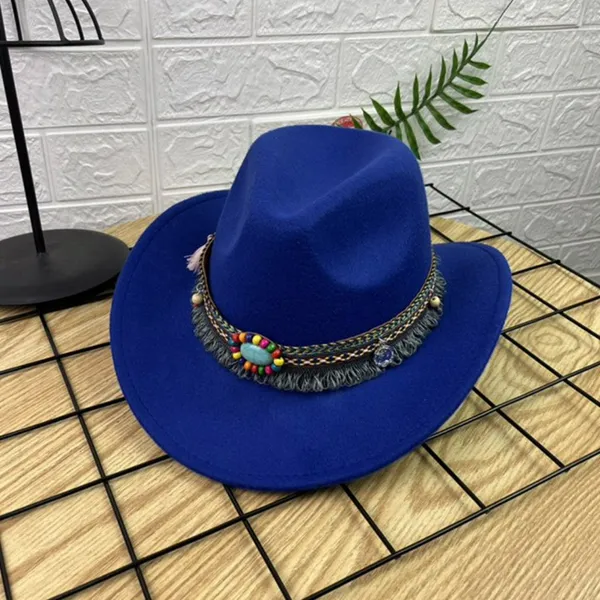 Blue Western Cowboy, Cowgirl Hat, Bead Tassle Strap, Men Women‎ Retro Wide Brim - Image 2