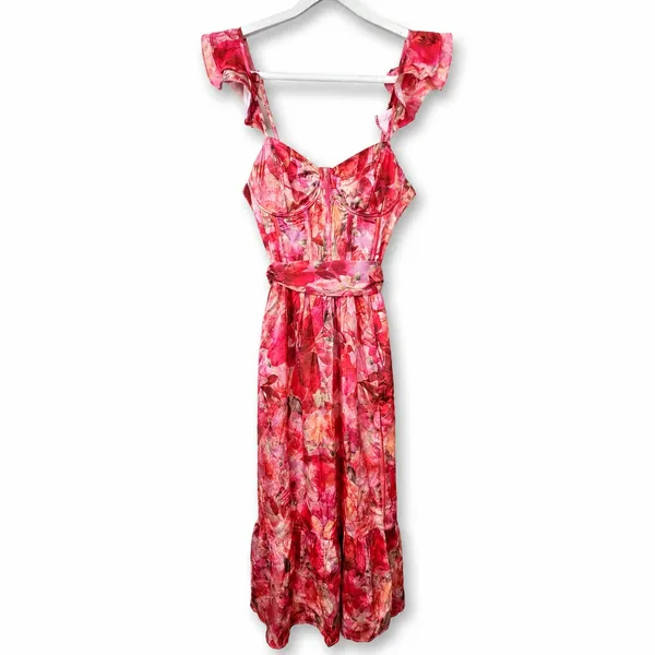 NEW Lulus Sweet Like Sangria Pink Floral Ruffled Bustier Tie Midi Dress Small - Image 6