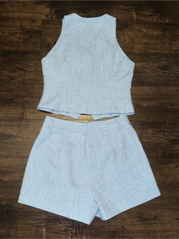 Commense Textured Metal Button Vest & Shorts Set - Blue - Image 3