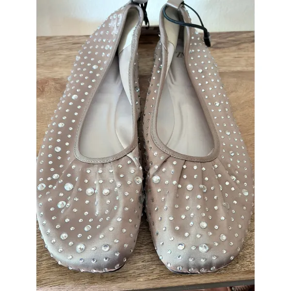 NWT Zara Taupe Rhinestone Satin Square Toe Studded Ballet‎ Flats 38 / 7.5 - Image 6