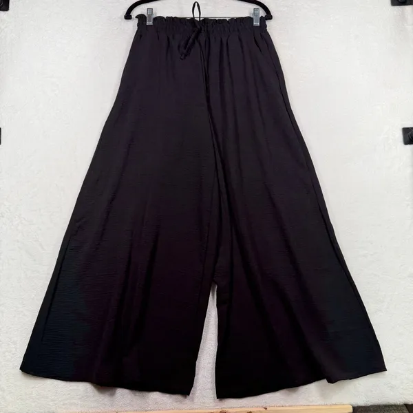 Flowy Medium Wide Leg Pants Black Paperbag Waist Drawstring Palazzo Minimalist - Image 3