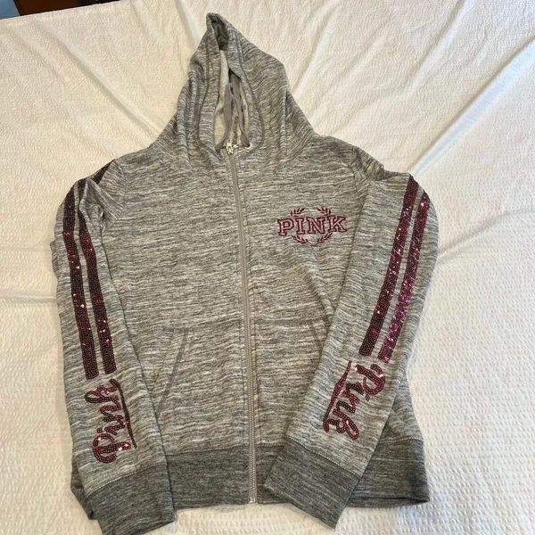 PINK vintage Bling vs gray zip up jacket with red sequins M women - Image 9