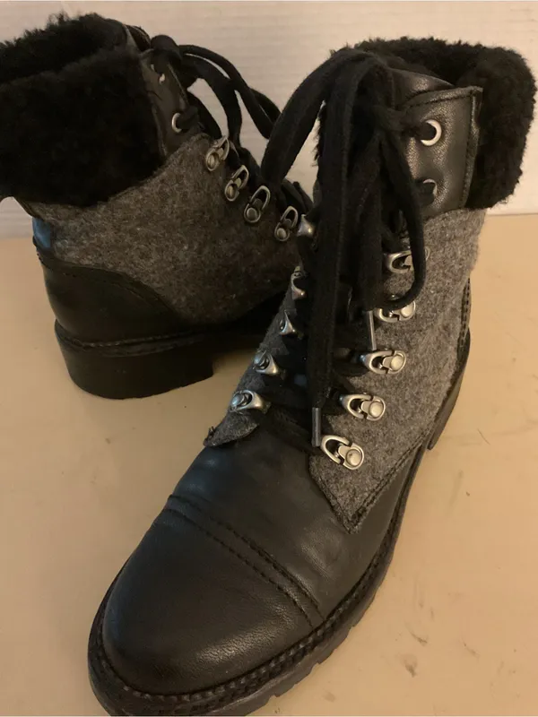 Frye women Black Leather and Gray Wool Lace-Up Shearling Samantha Boots US 8 - Image 2