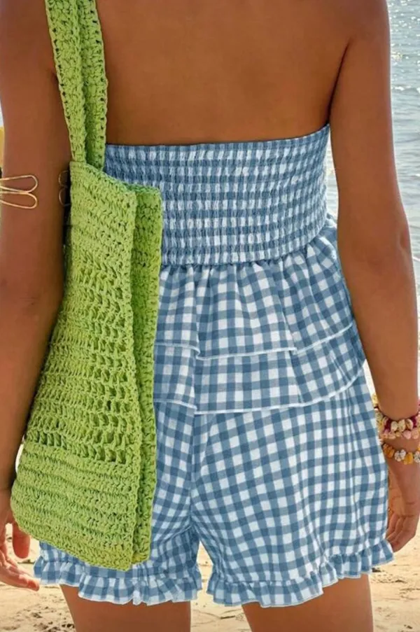 SheIn Jouncy Summer Vacation Casual Textured Plaid Print Ruffle Hem Tube Top & Loose Shorts - Image 3