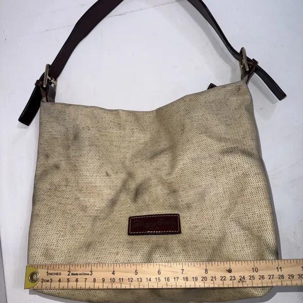 Dooney & Bourke Leather Handle Hobo‎ Canvas Faux Basket Weave Bucket Tote Bag - Image 7