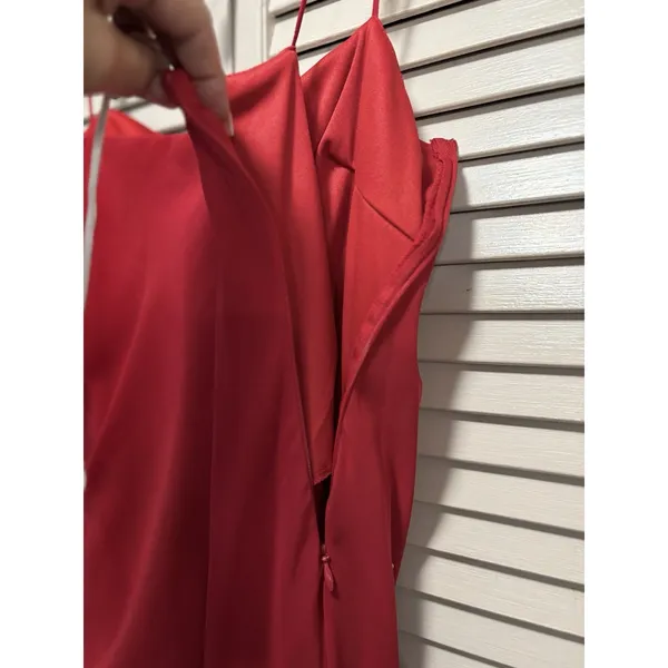 Let's Fashion Red Chiffon Asymmetrical Rhinestones Long Formal Gown Size S Lined - Image 8