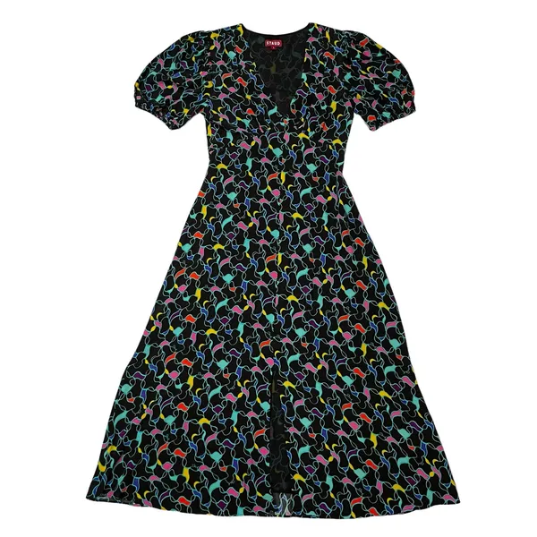 STAUD Milla Puff-Sleeve Midi-Dress - Black Abstract Wave - 4 - Image 6