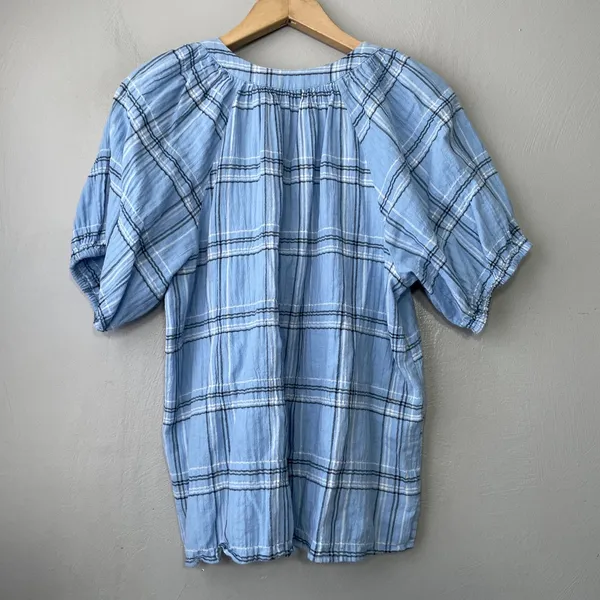 LOFT Peasant Top Size Medium Blue Plaid Crinkle Country Boho Cowgirl Western - Image 5