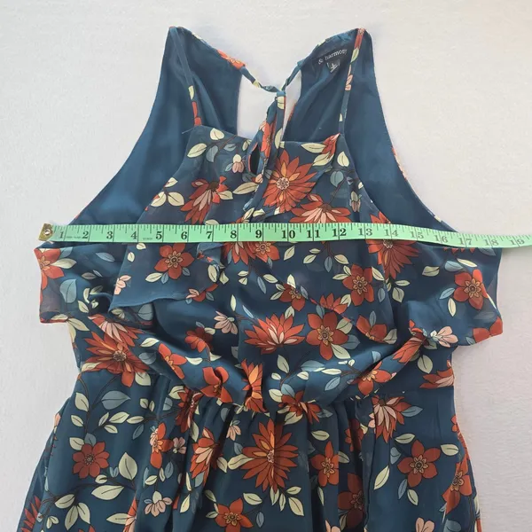 & Harmony Womens‎ Floral Maxi Dress Teal Orange Ruffle High Neck Slit Size Large - Image 6