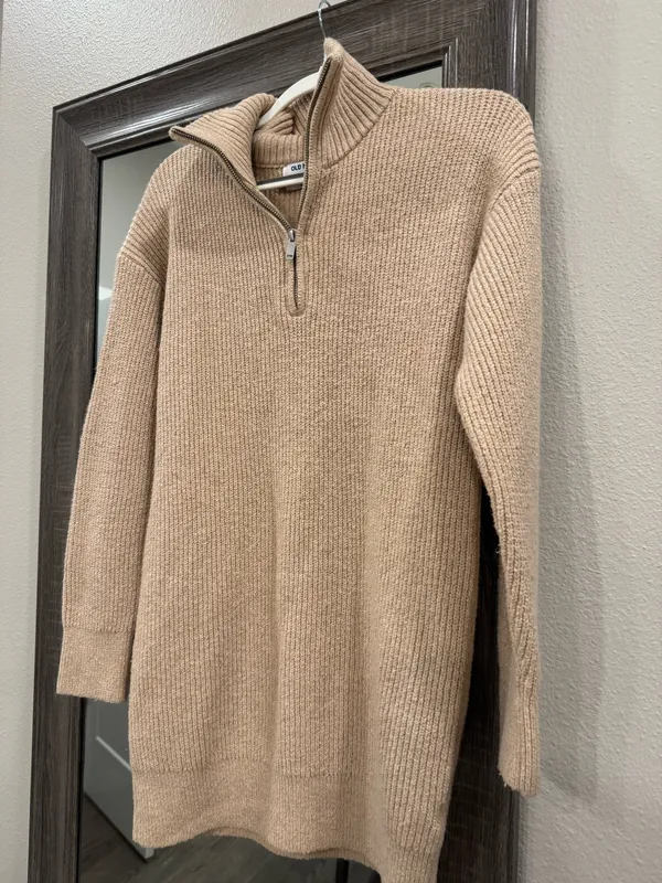 Old Navy Tan Quarter-Zip Mockneck Mini Sweater Shift Dress Oatmeal Heather XL - Image 6