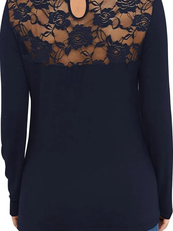 Lace Yoins Long Sleeve Scoop Neck Top - Black - Image 2