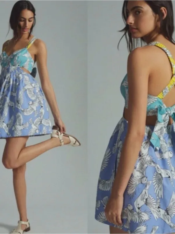 Maeve Anthropologie Mini Dress Sz 0 W Babydoll Blue Bird Print Open Tie Back - Image 9