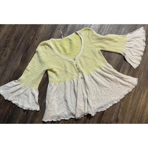 Free People Boho Hippie Bell Sleeve Peekaboo Lace Crochet Sweater Medium‎ - Image 3