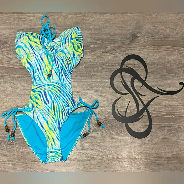 NWT Joe Boxer Neon Tie Monokini Swimsuit Medium Blue Green Cutout - Image 2