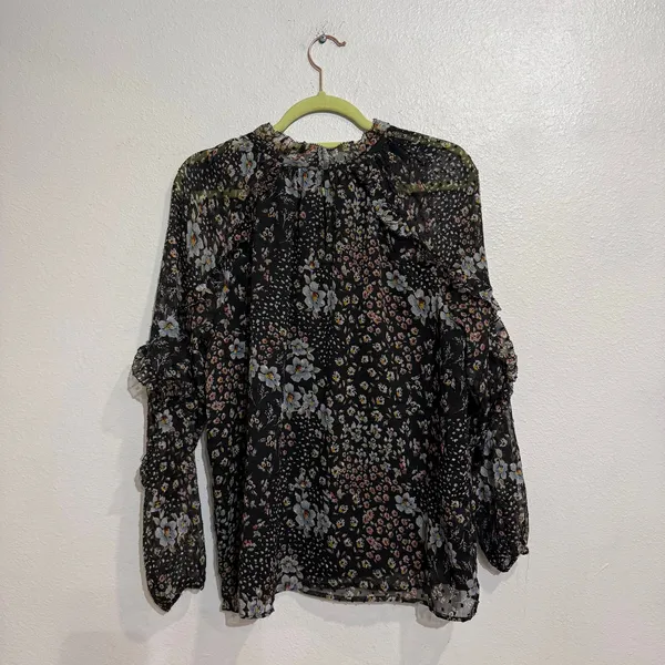 LOFT Black Floral Sheer Ruffle Sleeve Mock Neck Blouse Sz M - Image 8