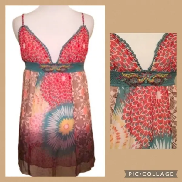 Anthropologie Lulumarie Pink & Blue Boho Print Adjustable Spaghetti Strap Tank Top M - Image 2