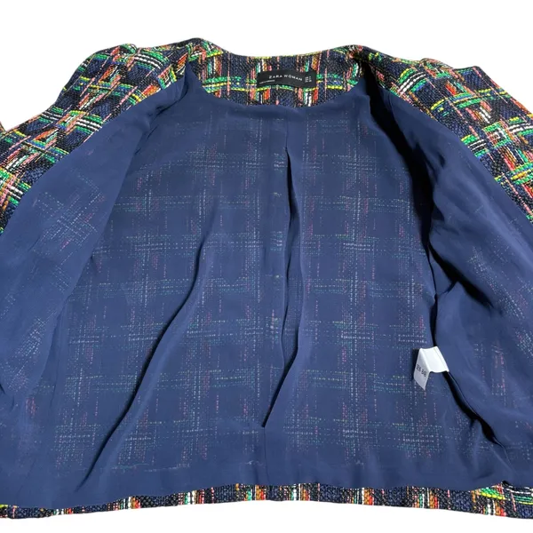 ZARA WOMAN Multicolor Plaid Tweed‎ Collarless Blazer Jacket Shoulder M - Image 9