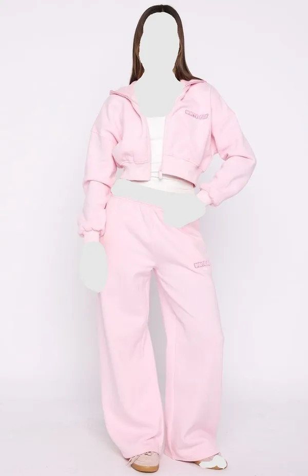 White Fox Boutique Posy Pink Wide Leg Pants And Crop Hoodie Set M/L New - Image 2