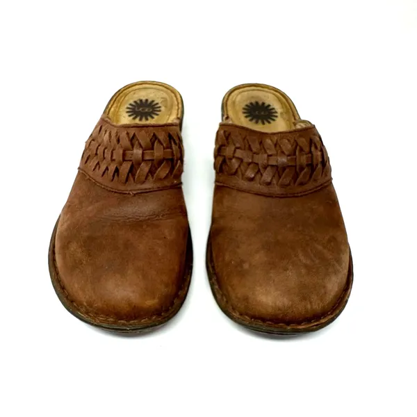 UGG Size 9 Brown Leather Clog‎ Sherpa Lined Slip On Porch Shoes Garden - Image 9
