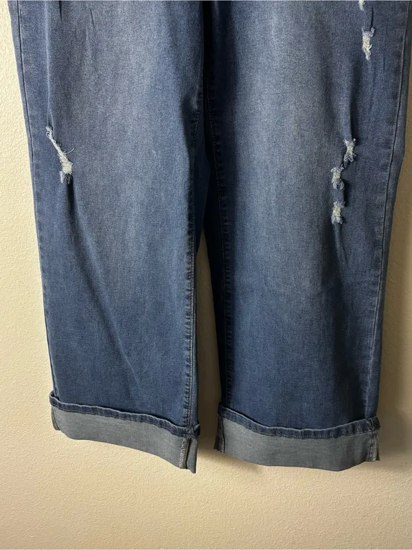 NWT IHTXUO Wide Leg Cropped Jeans XL Distressed Dark Wash Cuffed - Image 3