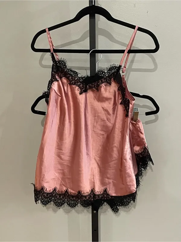Black and Pink Lace Shorts and Tank Sleep Set Size Small - Image 2