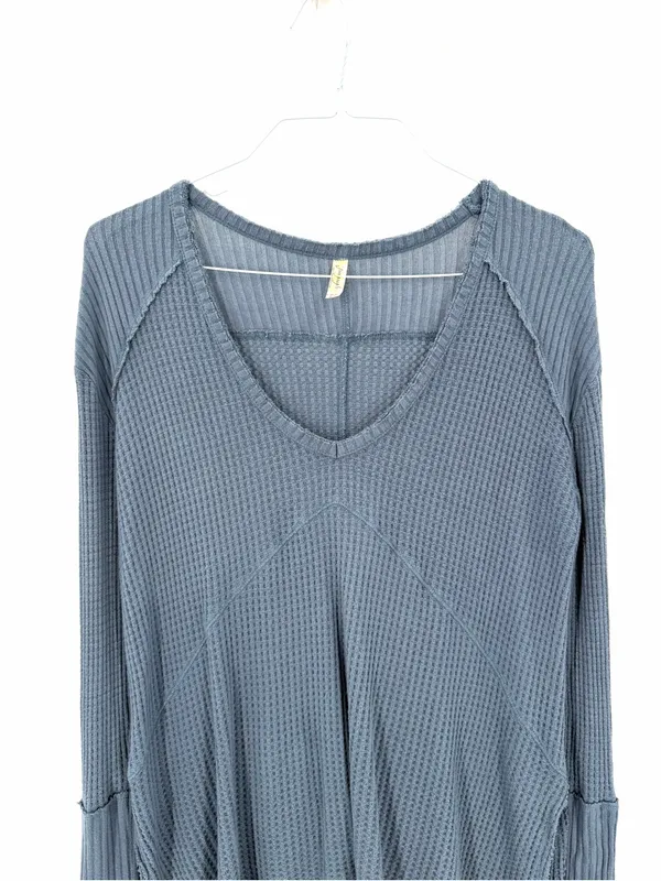 Free People Blue Gray Sunset Park Drippy Thermal Waffle Knit Oversized Shirt Top - Image 7
