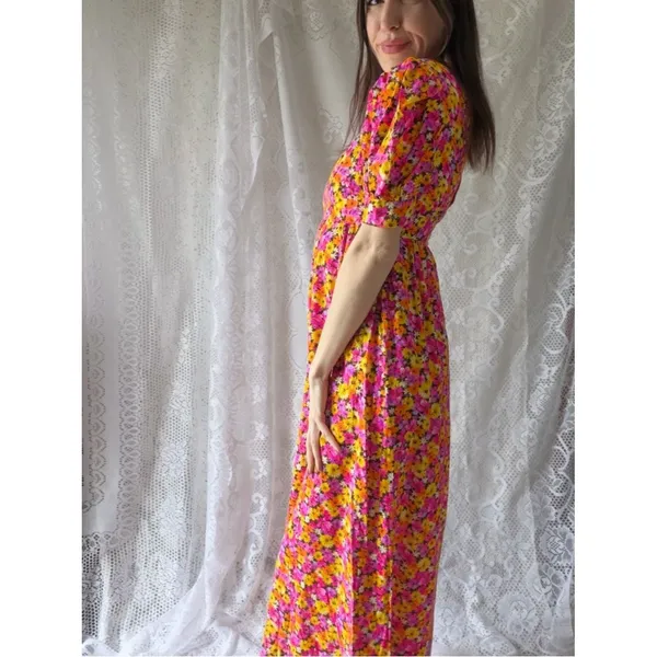 Vintage 70s Handmade Floral Puff Sleeve Maxi Dress Empire Waist Cottagecore - Image 8
