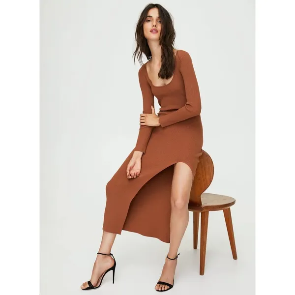 Aritzia‎ Wilfred Maeve Midi Bodycon Dress Size Large Brown Scoop Neck - Image 3