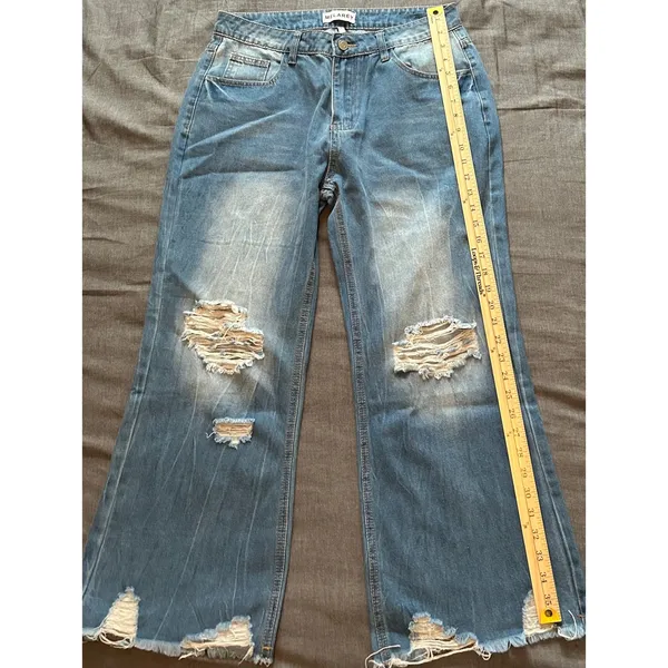 Melarey Blue Distressed Wide Leg Jeans Light Wash Frayed Hem Size L - Image 12